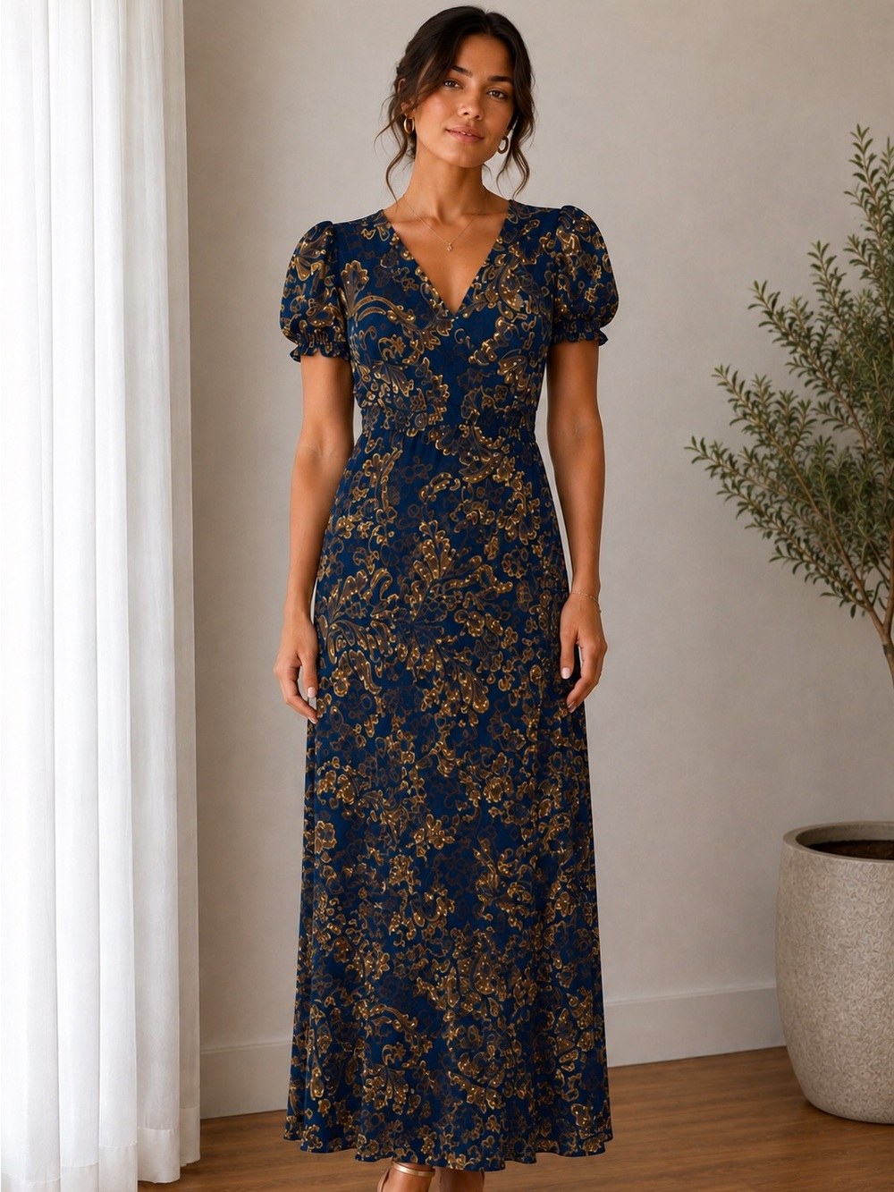 1. State Teal and Gold Floral Dress